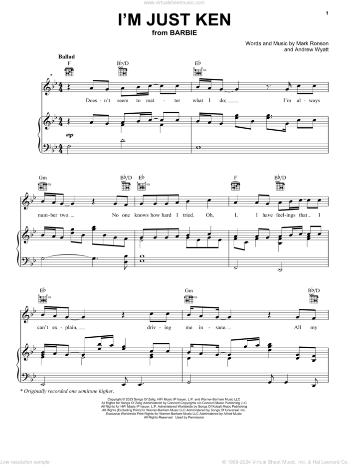 I'm Just Ken (from Barbie) (Full version) sheet music for voice, piano or guitar by Ryan Gosling, Andrew Wyatt and Mark Ronson, intermediate skill level