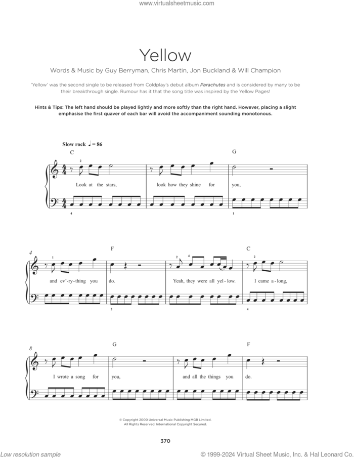 Yellow, (beginner) sheet music for piano solo by Coldplay, Chris Martin, Guy Berryman, Jon Buckland and Will Champion, beginner skill level