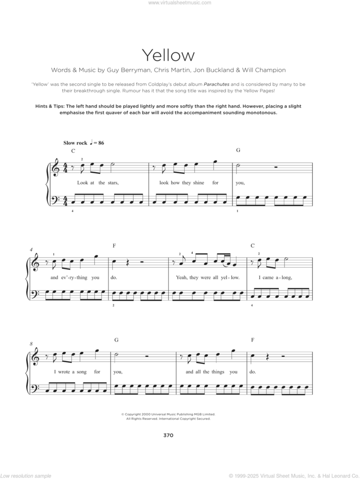 Yellow sheet music for piano solo by Coldplay, Chris Martin, Guy Berryman, Jon Buckland and Will Champion, beginner skill level