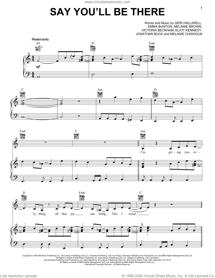 Say You'll Be There sheet music for voice, piano or guitar by Spice Girls, Eliot Kennedy, Emma Lee Bunton, Geri Halliwell, Jonathan Buck, Melanie Brown, Melanie Chisholm and Victoria Beckham, intermediate skill level
