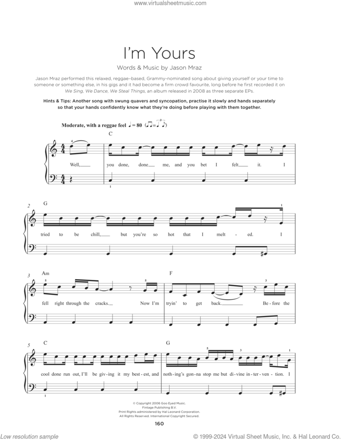 I'm Yours sheet music for piano solo by Jason Mraz, wedding score, beginner skill level