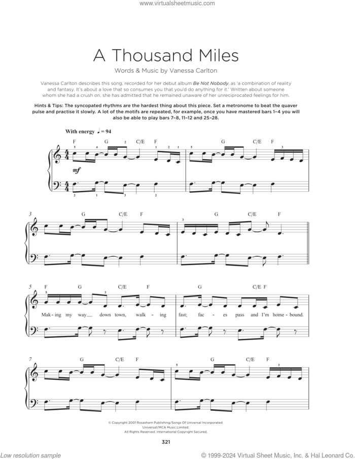 A Thousand Miles sheet music for piano solo by Vanessa Carlton, beginner skill level