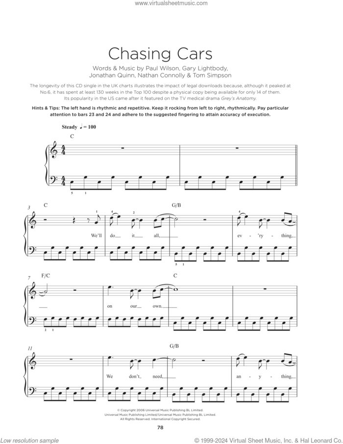 Chasing Cars sheet music for piano solo by Snow Patrol, Gary Lightbody, Jonathan Quinn, Nathan Connolly, Paul Wilson and Tom Simpson, beginner skill level