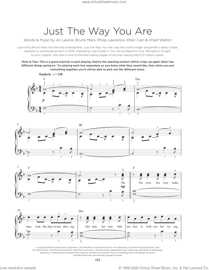 Just The Way You Are sheet music for piano solo by Bruno Mars, Ari Levine, Khalil Walton, Khari Cain and Philip Lawrence, beginner skill level