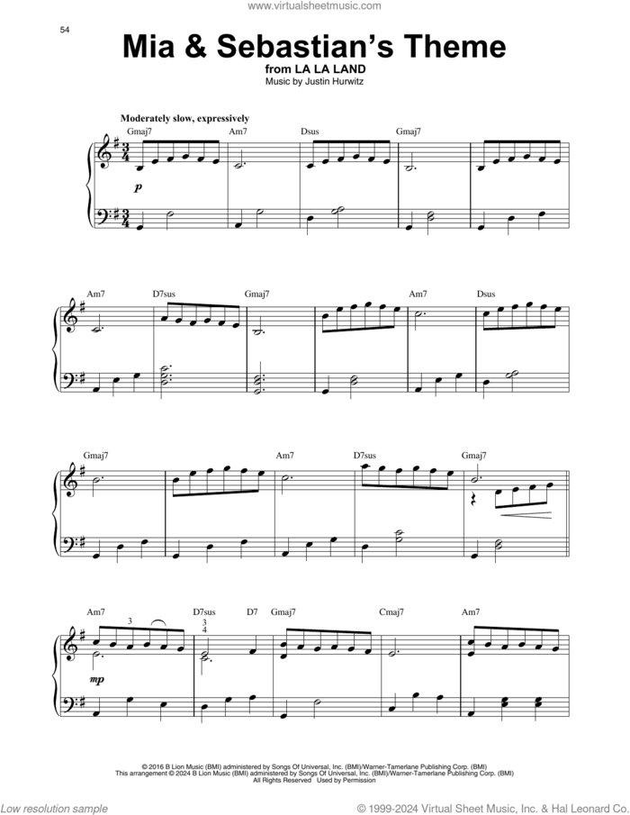 Mia and Sebastian's Theme (from La La land) sheet music for harp solo by Justin Hurwitz, intermediate skill level