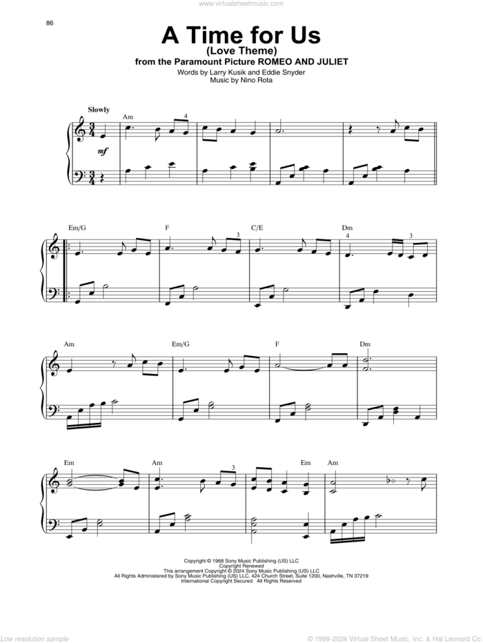 A Time For Us (Love Theme) (from Romeo And Juliet) sheet music for harp solo by Nino Rota, Eddie Snyder and Larry Kusik, intermediate skill level