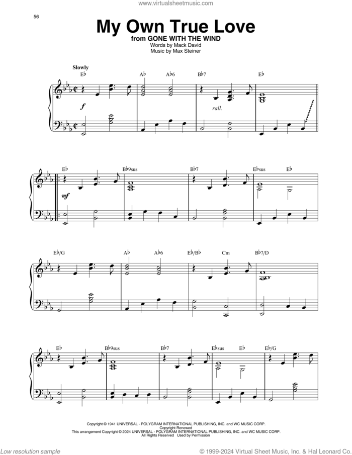 My Own True Love sheet music for harp solo by Mack David and Max Steiner, intermediate skill level