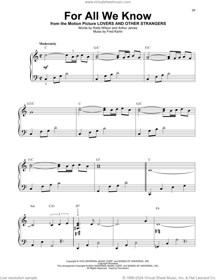 For All We Know sheet music for harp solo by Carpenters, Fred Karlin, James Griffin and Robb Wilson, intermediate skill level