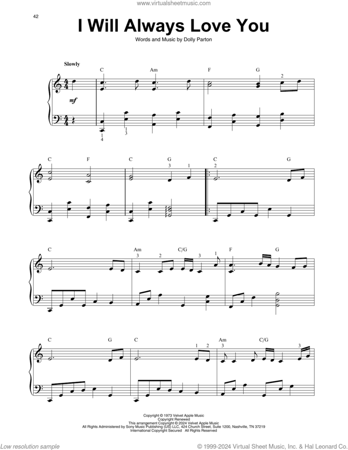 I Will Always Love You sheet music for harp solo by Whitney Houston and Dolly Parton, intermediate skill level