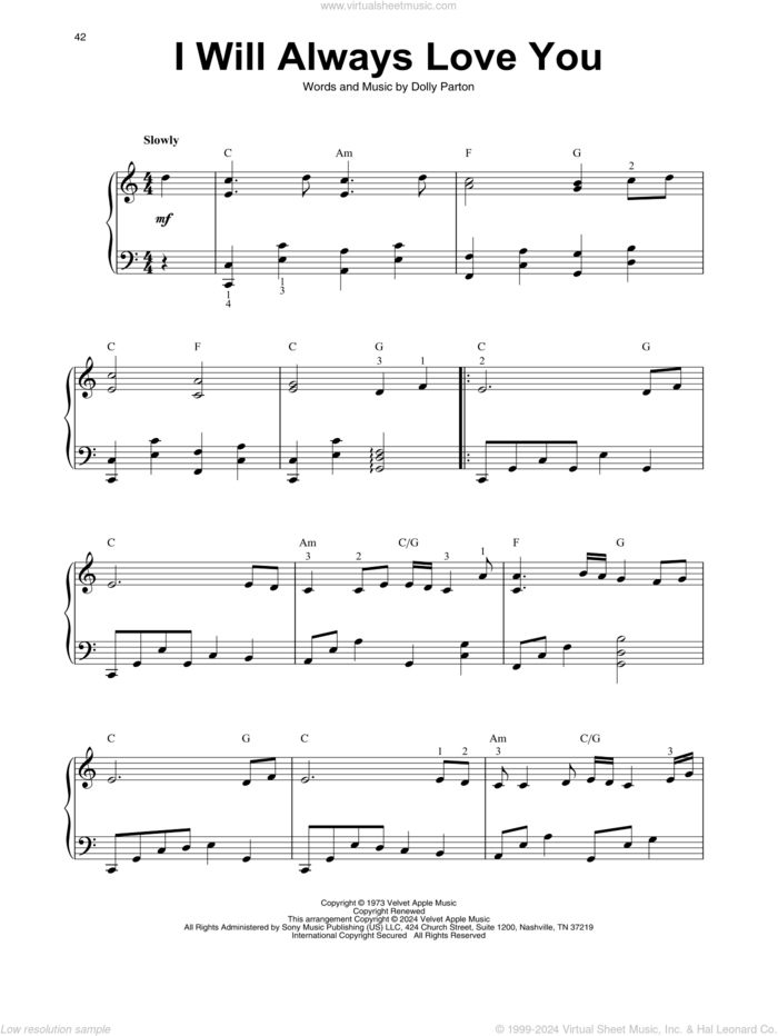 I Will Always Love You sheet music for harp solo by Whitney Houston and Dolly Parton, intermediate skill level