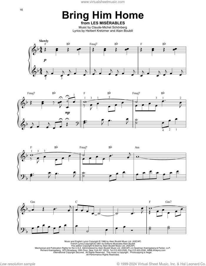 Bring Him Home (from Les Miserables) sheet music for harp solo by Boublil & Schonberg, Alain Boublil, Claude-Michel Schonberg and Herbert Kretzmer, intermediate skill level