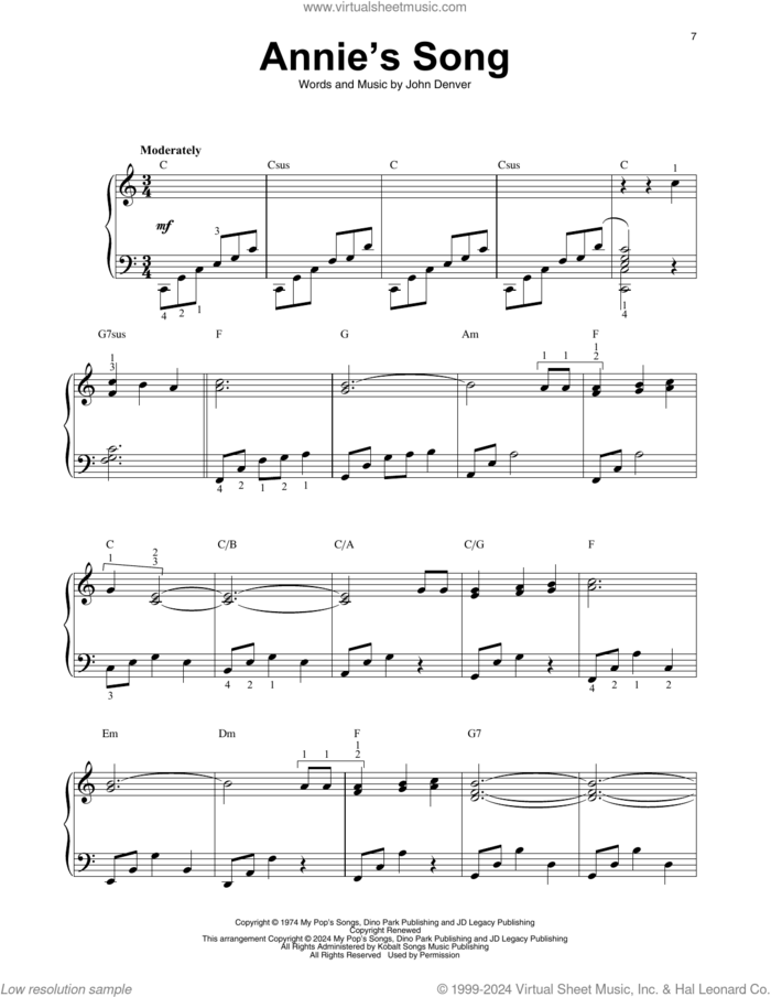Annie's Song sheet music for harp solo by John Denver, intermediate skill level