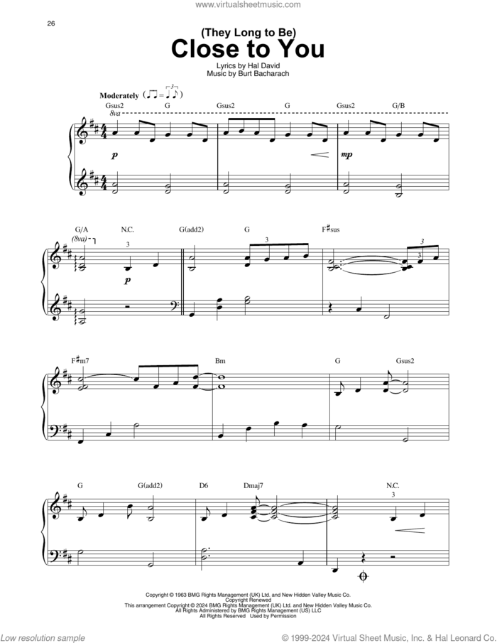 (They Long To Be) Close To You sheet music for harp solo by Carpenters, Burt Bacharach and Hal David, intermediate skill level
