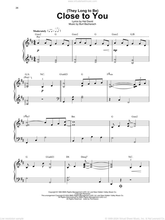 (They Long To Be) Close To You sheet music for harp solo by Carpenters, Burt Bacharach and Hal David, intermediate skill level