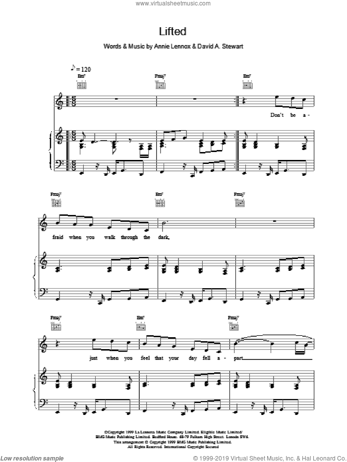 Lifted sheet music for voice, piano or guitar by Eurythmics and Lennox,A & Stewart,D, intermediate skill level