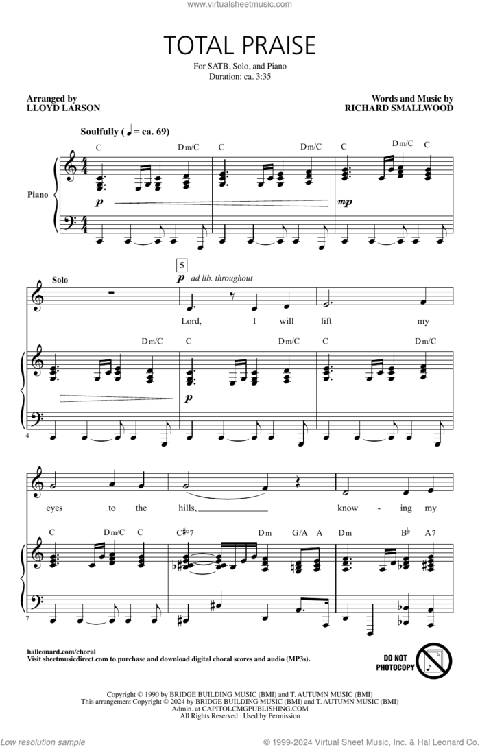 Total Praise (arr. Lloyd Larson) sheet music for choir (SATB: soprano, alto, tenor, bass) by Richard Smallwood and Lloyd Larson, classical score, intermediate skill level