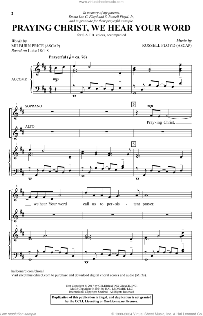Praying Christ, We Hear Your Word sheet music for choir (SATB: soprano, alto, tenor, bass) by Russell Floyd and Milburn Price, intermediate skill level