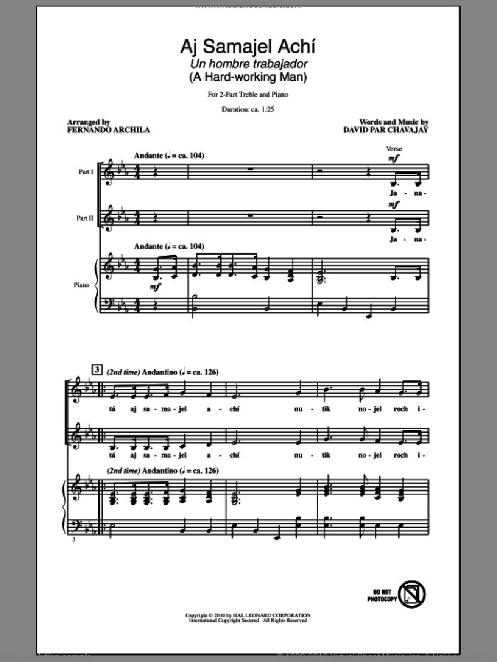 Aj Samajel Achi (Un Hombre Trabajador - A Hard-Working Man) sheet music for choir (2-Part) by Fernando Archila and David Par Chavajay, intermediate duet