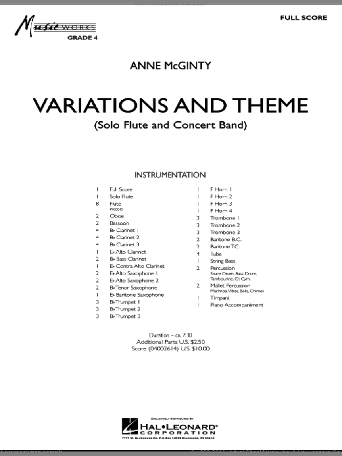 Variations And Theme (for Flute Solo And Band) (COMPLETE) sheet music for concert band by Anne McGinty, intermediate skill level