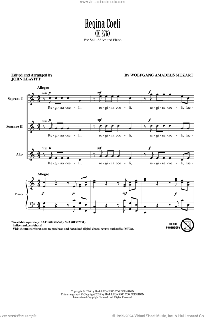 Regina Coeli (K. 276) (arr. John Leavitt) sheet music for choir (SSA: soprano, alto) by Wolfgang Amadeus Mozart and John Leavitt, classical score, intermediate skill level