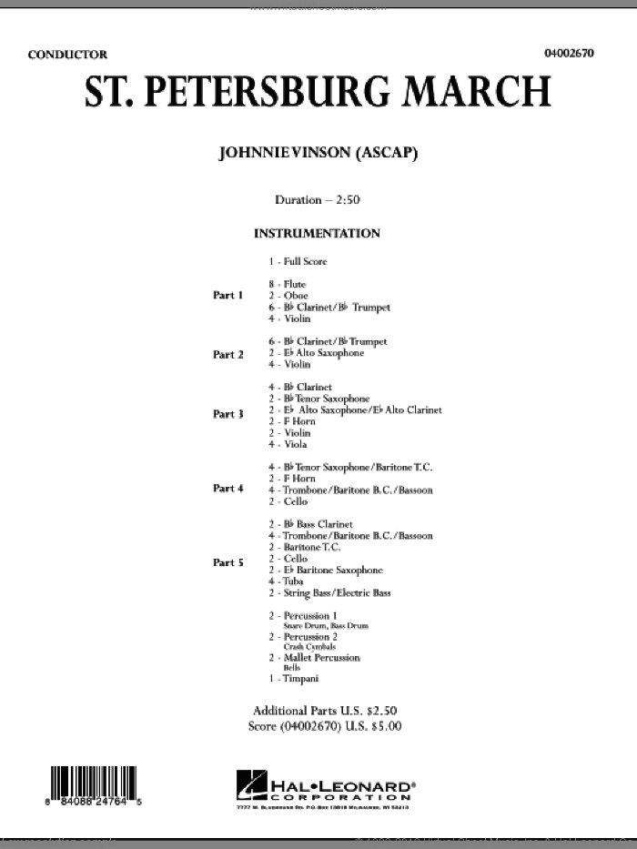 St. Petersburg March (COMPLETE) sheet music for concert band by Johnnie Vinson, intermediate skill level