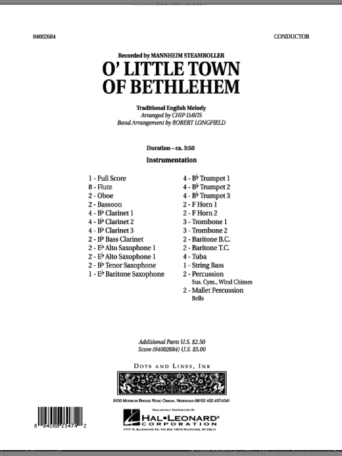 O Little Town Of Bethlehem (COMPLETE) sheet music for concert band by Robert Longfield, Chip Davis and Mannheim Steamroller, intermediate skill level