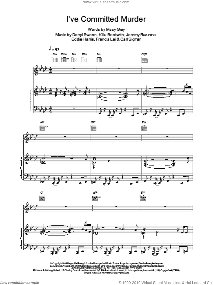 I've Committed Murder sheet music for voice, piano or guitar by Macy Gray, BECKWITH, Darryl Swann and GRAY, intermediate skill level