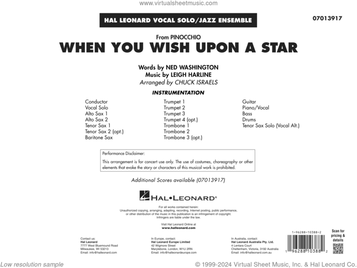 When You Wish Upon A Star (Key: C) (arr. Chuck Israels) sheet music for jazz band (full score) by Cliff Edwards, Chuck Israels, Leigh Harline and Ned Washington, intermediate skill level