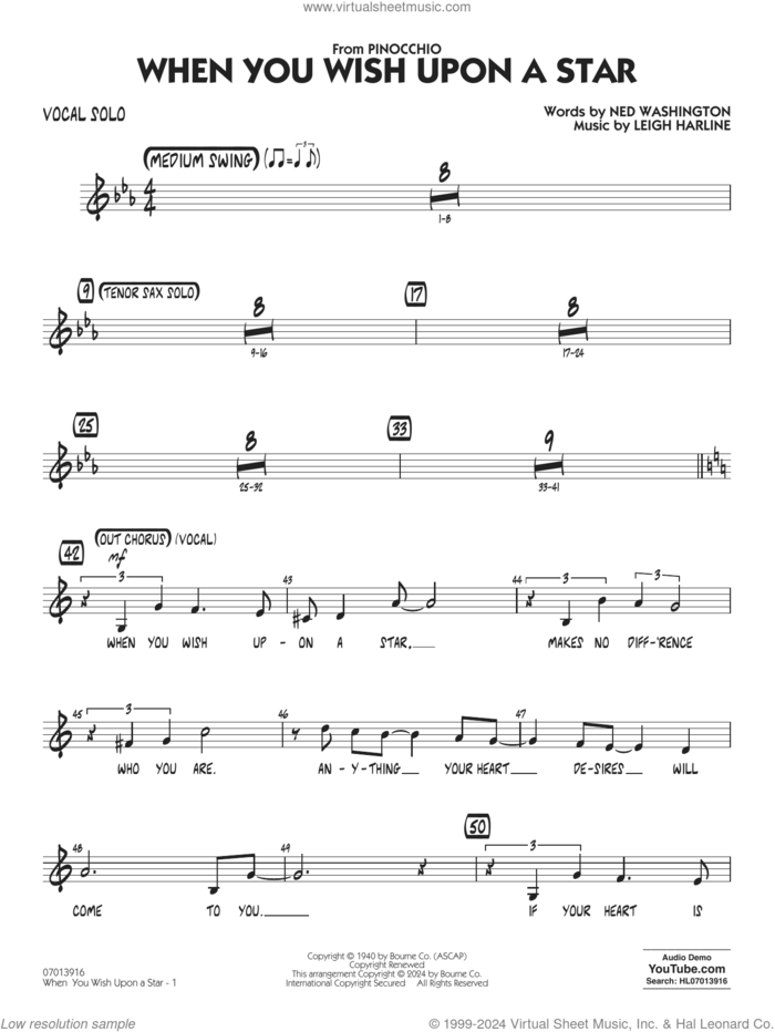 When You Wish Upon A Star (Key: C) (arr. Chuck Israels) sheet music for jazz band (vocal solo) by Cliff Edwards, Chuck Israels, Leigh Harline and Ned Washington, intermediate jazz band (vocal)