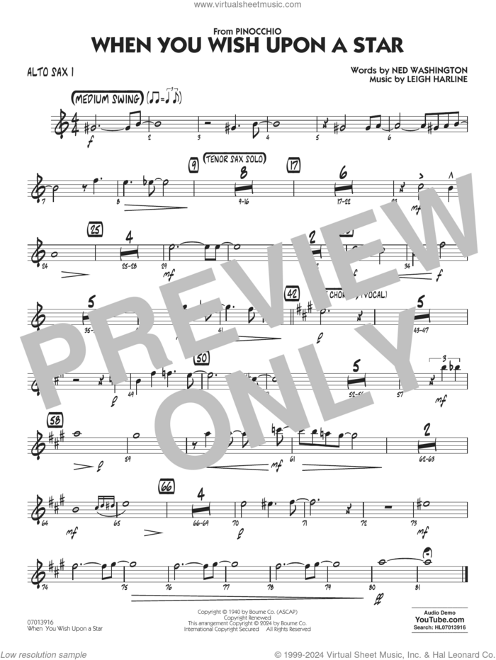 When You Wish Upon A Star (Key: C) (arr. Chuck Israels) sheet music for jazz band (alto sax 1) by Cliff Edwards, Chuck Israels, Leigh Harline and Ned Washington, intermediate skill level