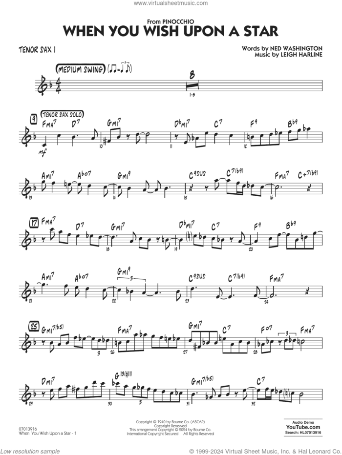 When You Wish Upon A Star (Key: C) (arr. Chuck Israels) sheet music for jazz band (tenor sax 1) by Cliff Edwards, Chuck Israels, Leigh Harline and Ned Washington, intermediate skill level