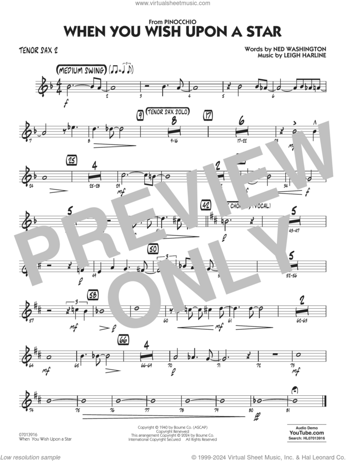 When You Wish Upon A Star (Key: C) (arr. Chuck Israels) sheet music for jazz band (tenor sax 2) by Cliff Edwards, Chuck Israels, Leigh Harline and Ned Washington, intermediate skill level