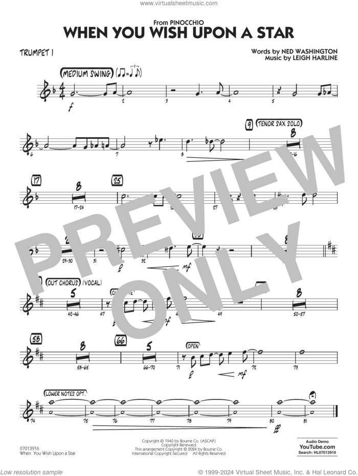 When You Wish Upon A Star (Key: C) (arr. Chuck Israels) sheet music for jazz band (trumpet 1) by Cliff Edwards, Chuck Israels, Leigh Harline and Ned Washington, intermediate skill level