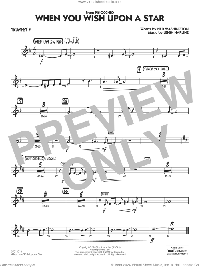 When You Wish Upon A Star (Key: C) (arr. Chuck Israels) sheet music for jazz band (trumpet 3) by Cliff Edwards, Chuck Israels, Leigh Harline and Ned Washington, intermediate skill level