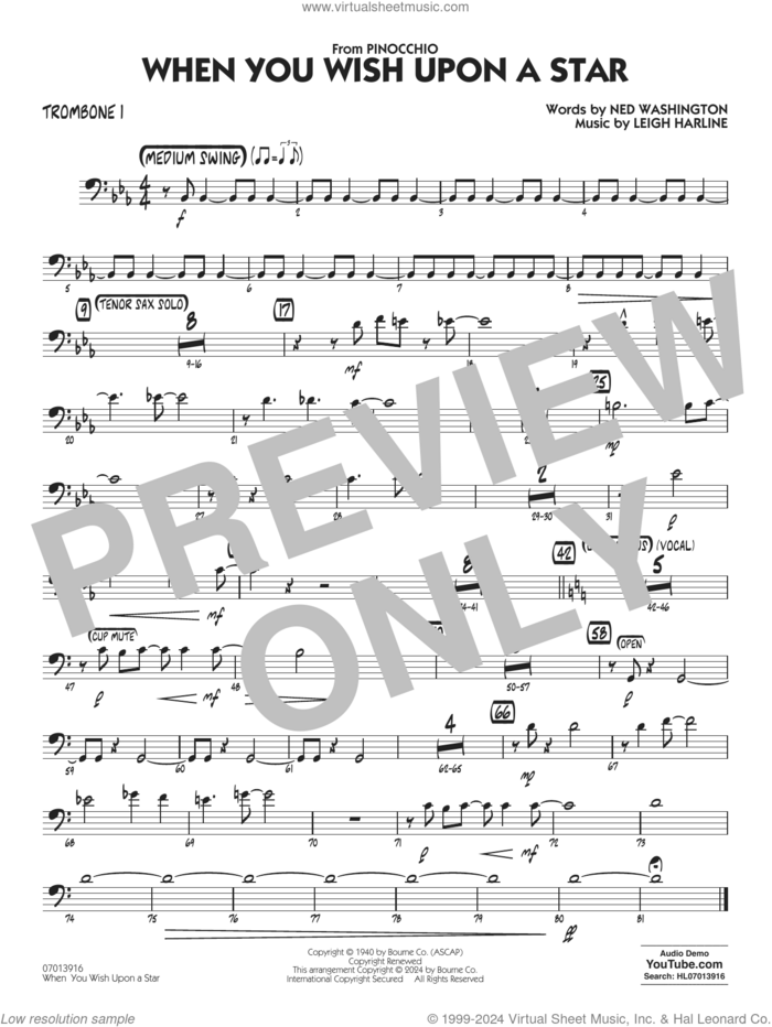 When You Wish Upon A Star (Key: C) (arr. Chuck Israels) sheet music for jazz band (trombone 1) by Cliff Edwards, Chuck Israels, Leigh Harline and Ned Washington, intermediate skill level