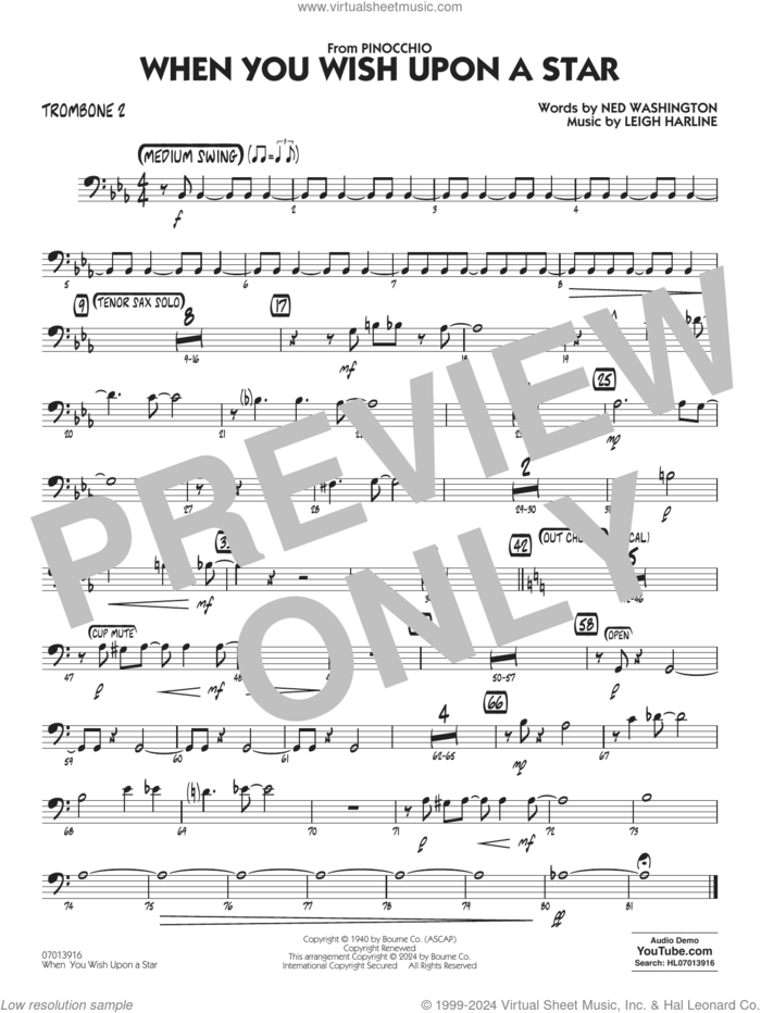 When You Wish Upon A Star (Key: C) (arr. Chuck Israels) sheet music for jazz band (trombone 2) by Cliff Edwards, Chuck Israels, Leigh Harline and Ned Washington, intermediate skill level