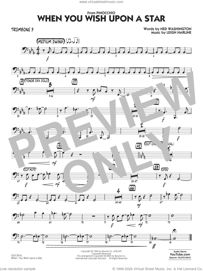 When You Wish Upon A Star (Key: C) (arr. Chuck Israels) sheet music for jazz band (trombone 3) by Cliff Edwards, Chuck Israels, Leigh Harline and Ned Washington, intermediate skill level