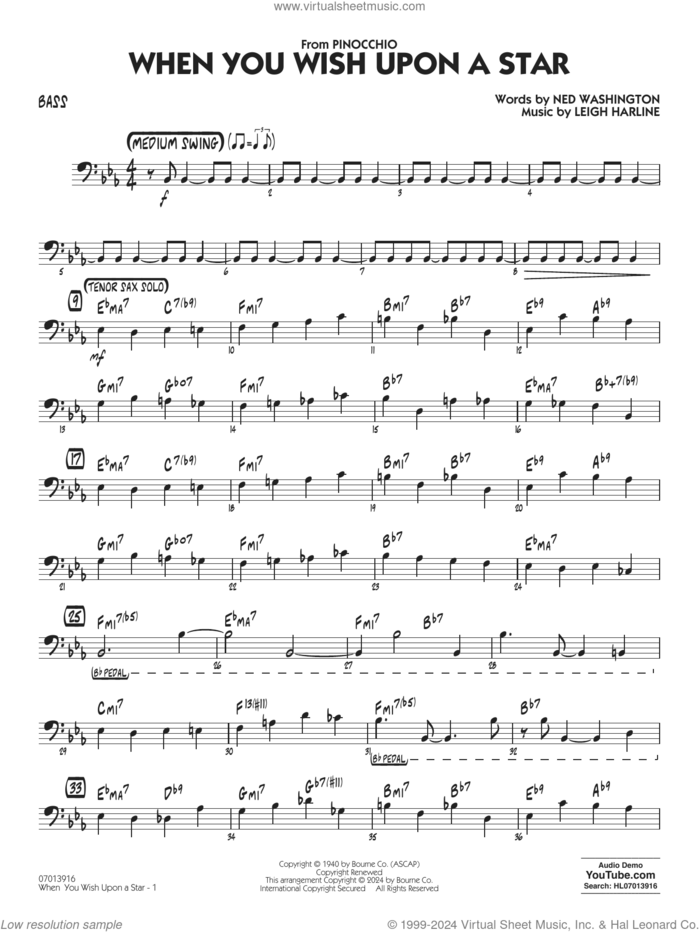 When You Wish Upon A Star (Key: C) (arr. Chuck Israels) sheet music for jazz band (bass) by Cliff Edwards, Chuck Israels, Leigh Harline and Ned Washington, intermediate skill level