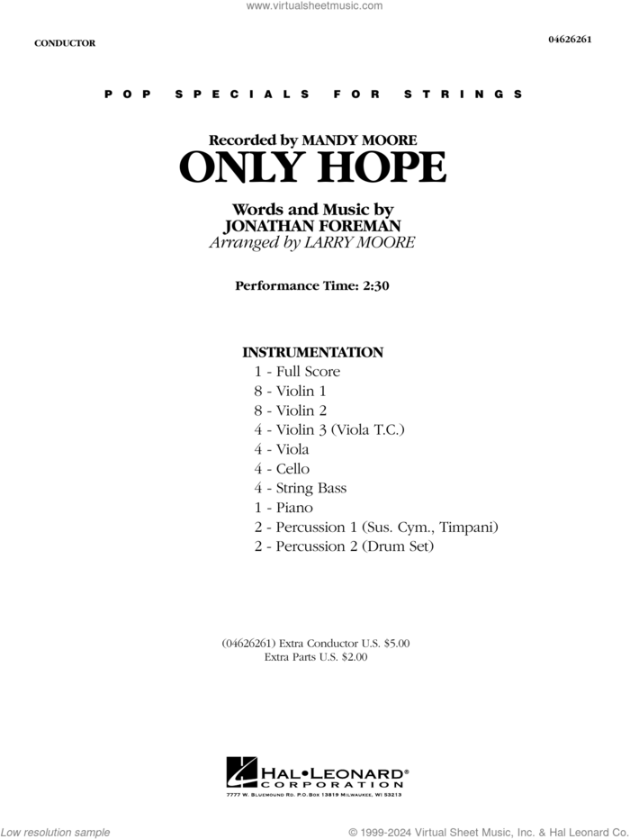 Only Hope (from A Walk to Remember) (arr. Larry Moore) (COMPLETE) sheet music for orchestra by Larry Moore, Jonathan Foreman and Mandy Moore, intermediate skill level