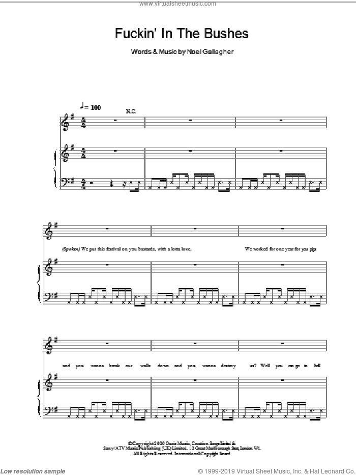 F***in' In The Bushes sheet music for voice, piano or guitar by Oasis and Noel Gallagher, intermediate skill level
