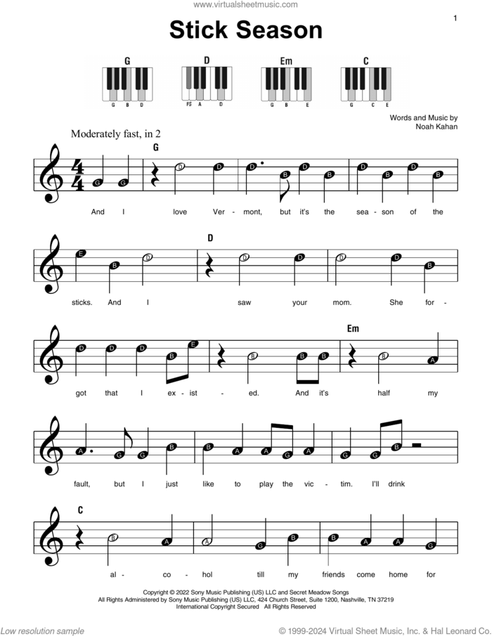Stick Season, (beginner) sheet music for piano solo by Noah Kahan, beginner skill level