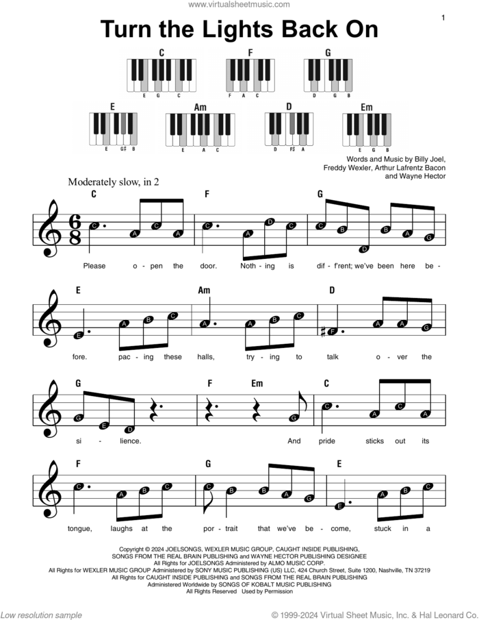 Turn The Lights Back On, (beginner) sheet music for piano solo by Billy Joel, Arthur Lafrentz Bacon, Freddy Wexler and Wayne Hector, beginner skill level