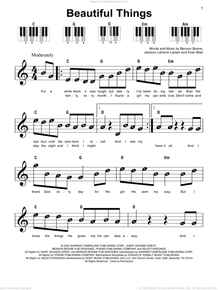 Beautiful Things sheet music for piano solo by Benson Boone, Evan Blair and Jackson Lafrantz Larsen, beginner skill level