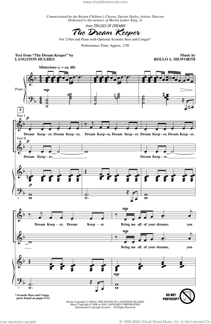 The Dream Keeper sheet music for choir (2-Part) by Rollo Dilworth and Langston Hughes, intermediate duet