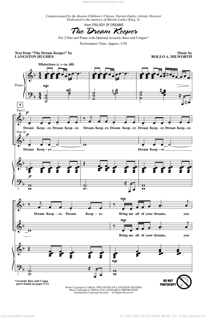 The Dream Keeper sheet music for choir (2-Part) by Rollo Dilworth and Langston Hughes, intermediate duet