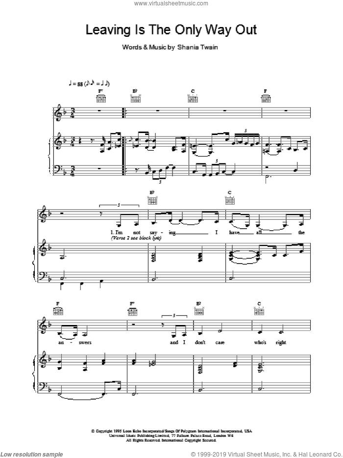 Leaving Is The Only Way Out sheet music for voice, piano or guitar by Shania Twain, intermediate skill level