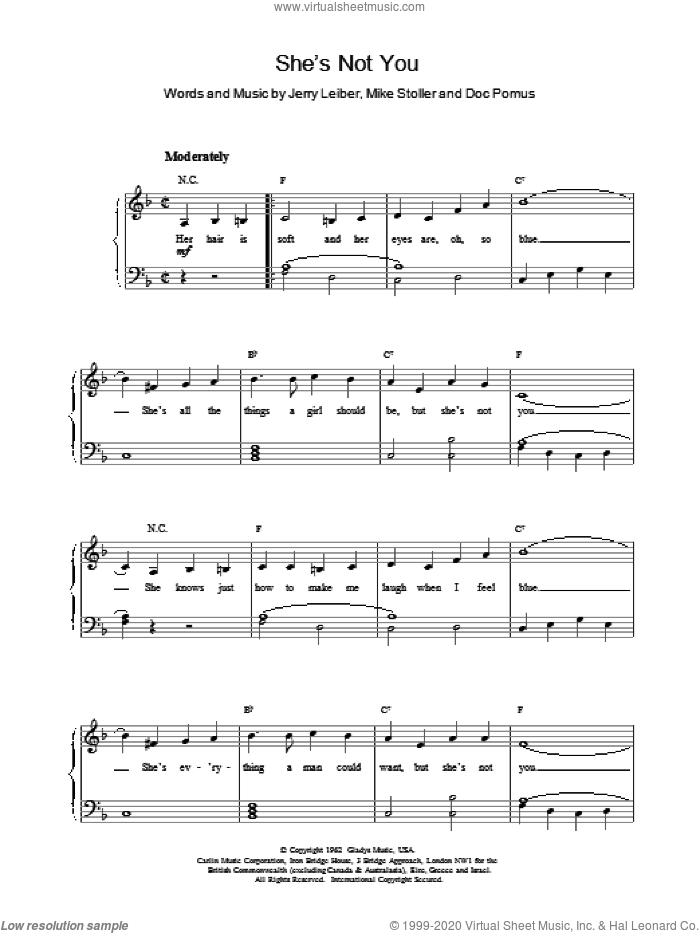 She's Not You sheet music for piano solo by Elvis Presley, Doc Pomus, Jerome Pomus, Jerry Leiber, Leiber & Stoller and Mike Stoller, easy skill level