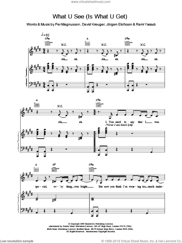 What U See (Is What U Get) sheet music for voice, piano or guitar by Britney Spears, ELOFSSON, KREUGER and Per Magnusson, intermediate skill level