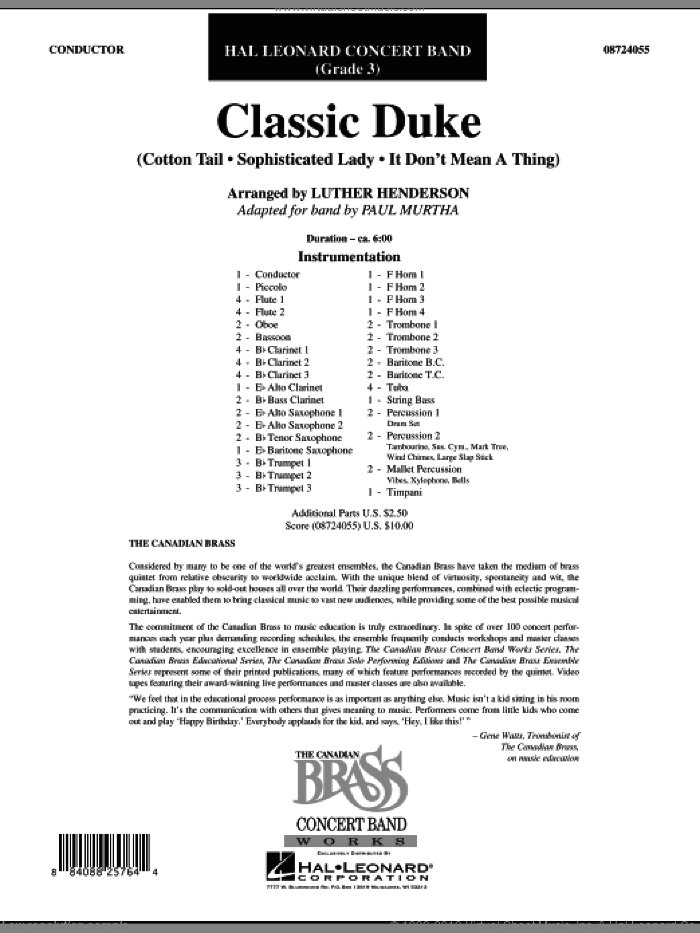 Classic Duke (COMPLETE) sheet music for concert band by Duke Ellington, Luther Henderson and Paul Murtha, intermediate skill level