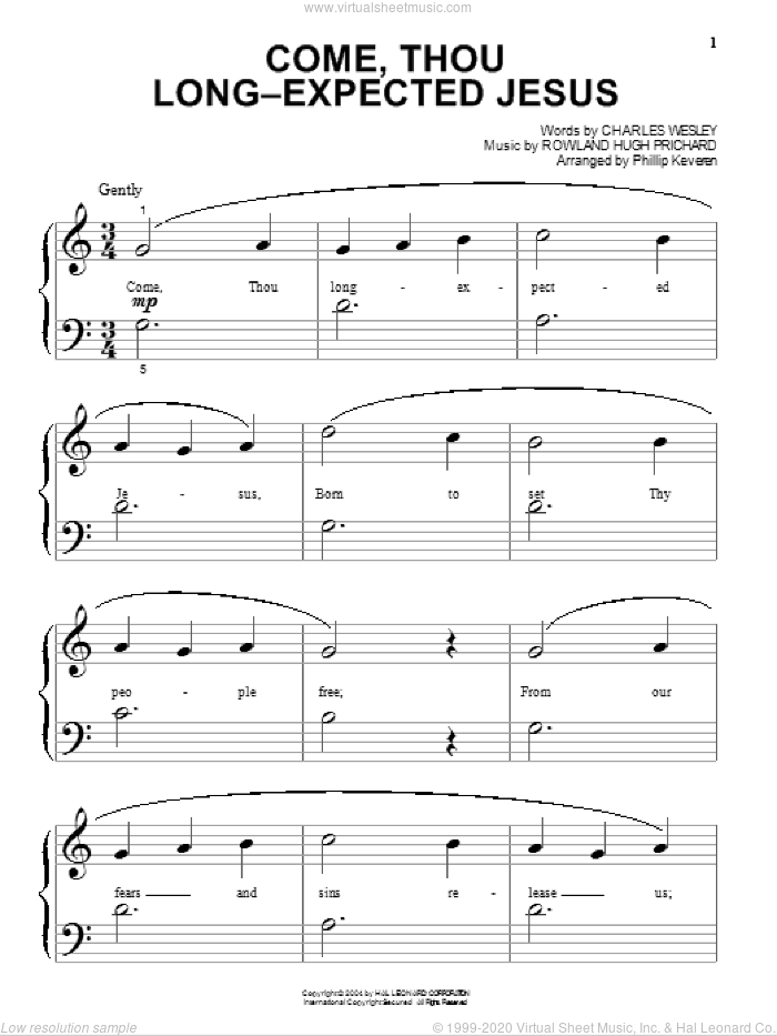 Come, Thou Long-Expected Jesus (arr. Phillip Keveren) sheet music for piano solo by Charles Wesley, Phillip Keveren and Rowland Prichard, beginner skill level
